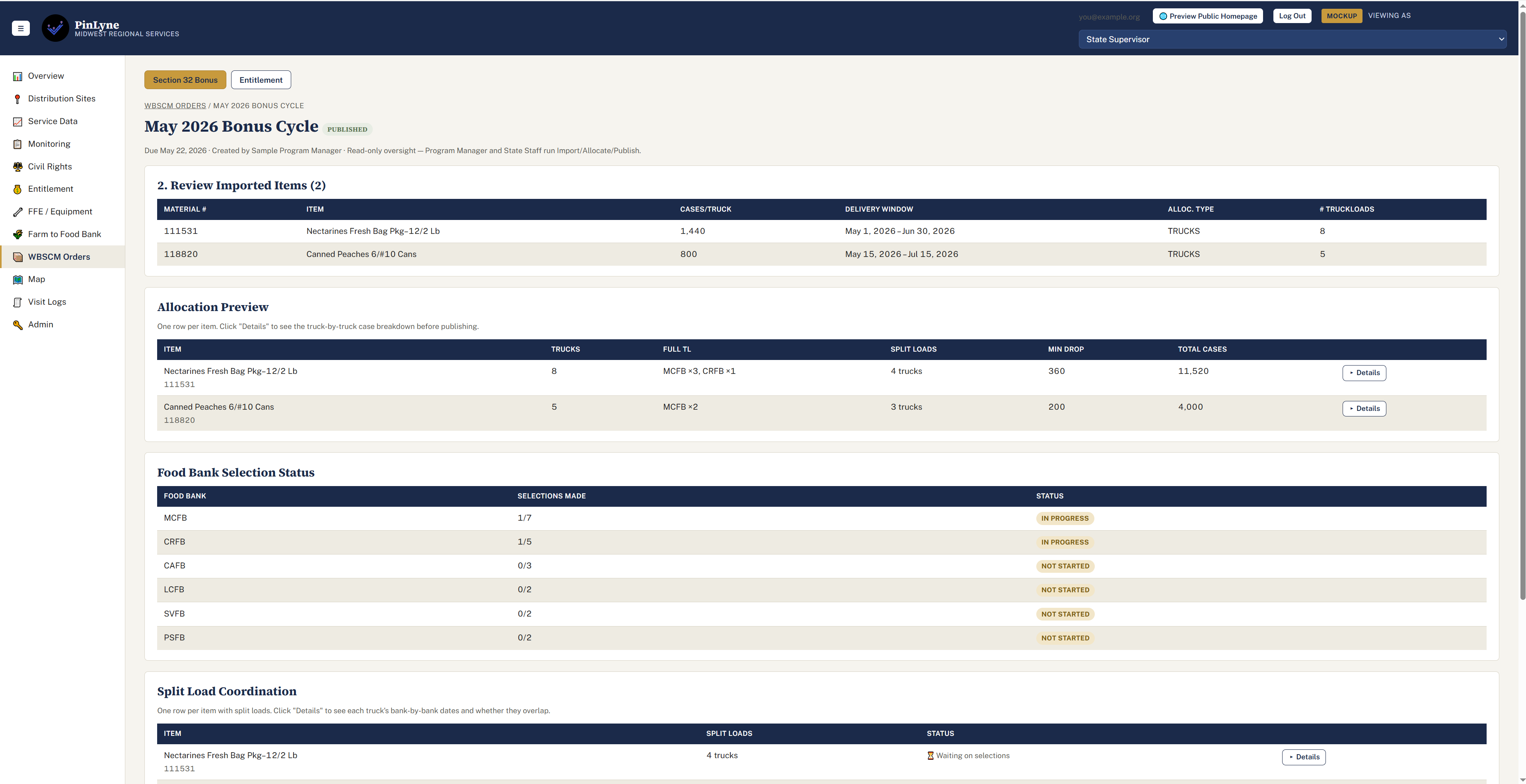 WBSCM Orders showing allocations and delivery dates by food bank